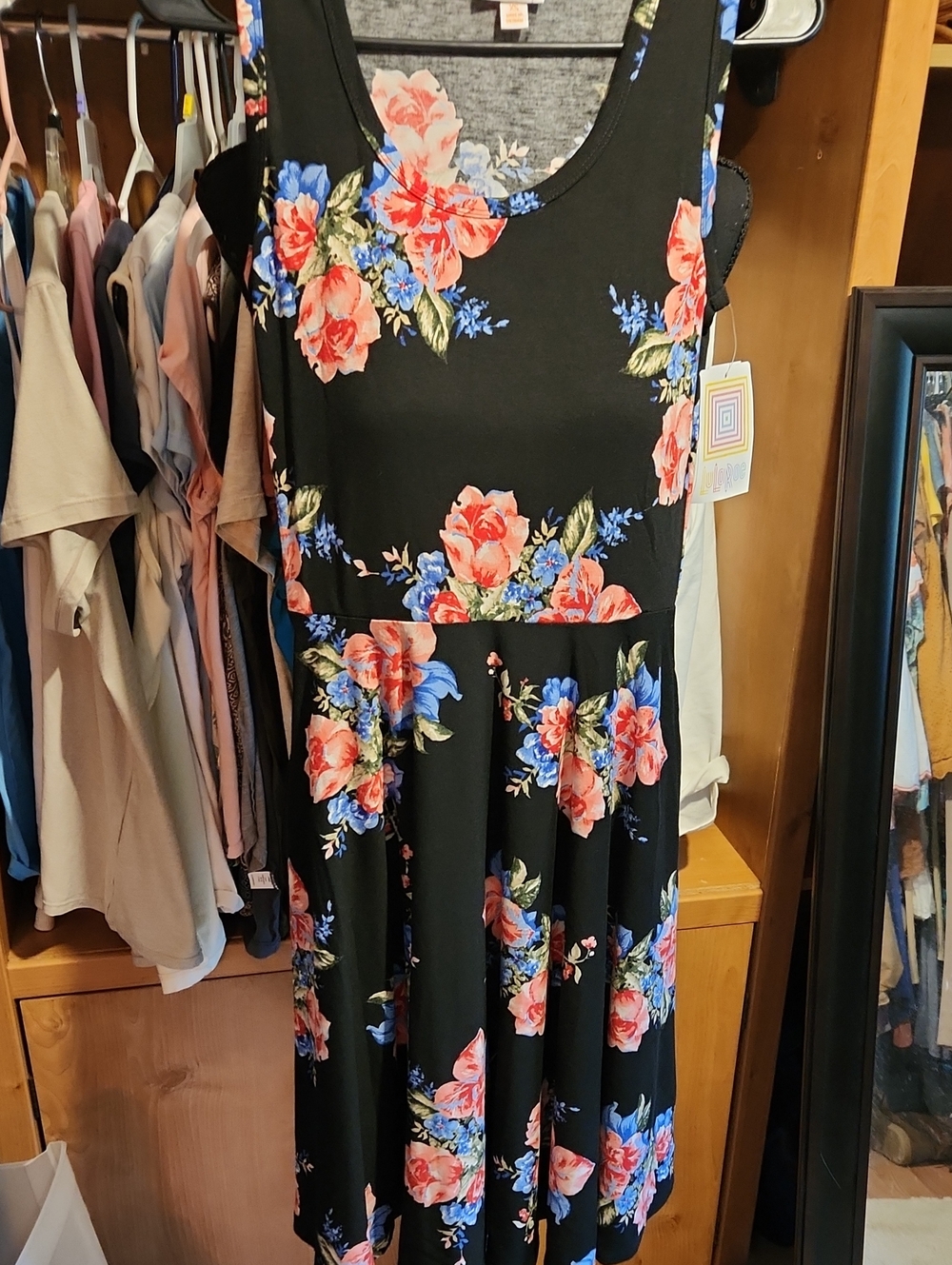 LuLaRoe Black Midi Dress with Red and Blue Floral Print